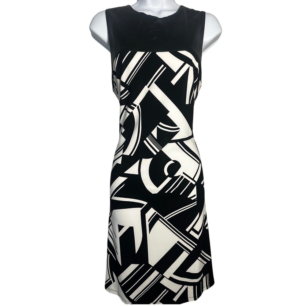 Lauren Ralph Lauren Black‎ White Geometric Sheath Dress Faux Leather Trim 12